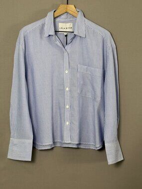 NWT Lola River Brooke Oxford Blue Striped Tencel Button Down Shirt L